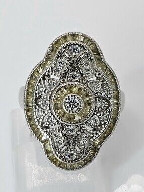Stunning Art Deco Ornate Diamond Simulant Ring Sterling Silver Rhodium Size 5!